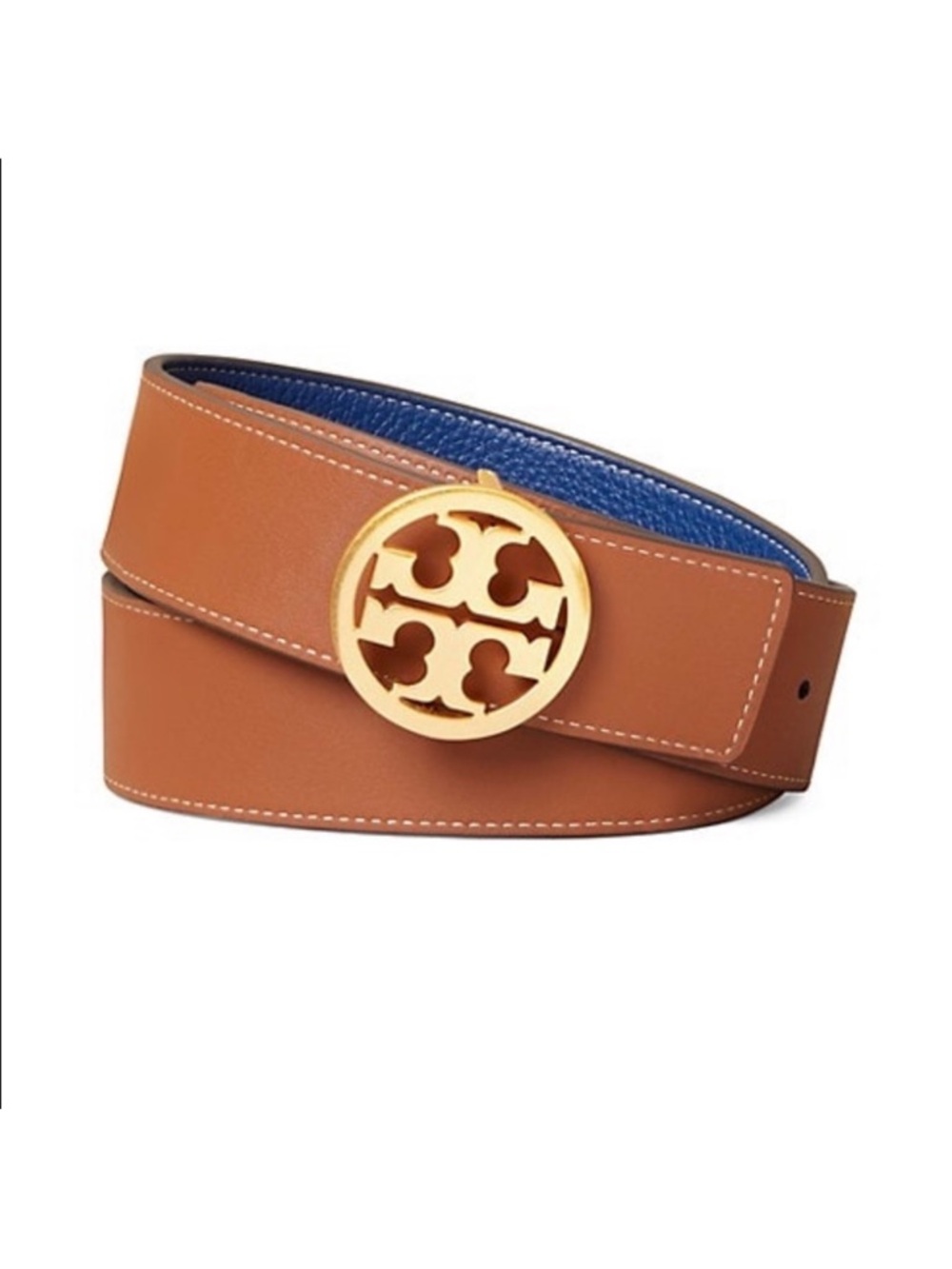 Tory Burch Blue Leather Belt with Gold Logo Buckle